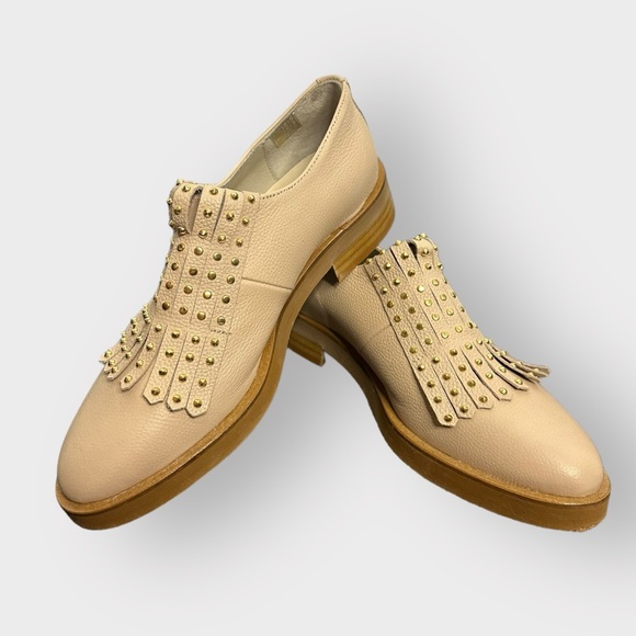 Shoes - David Tyler Cream Gold Leather Studded Fringe Flats